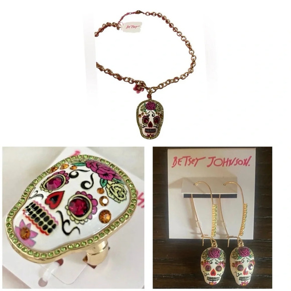 BETSEY JOHNSON SET Sugar Skull El Dia de los Muertos Earrings Necklace Ring NWT - Picture 1 of 16